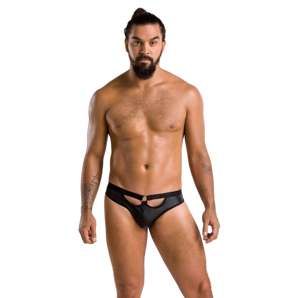 Мужские слипы с вырезами Passion 041 SLIP JOE XXL/XXXL Black, экокожа, открытые ягодицы