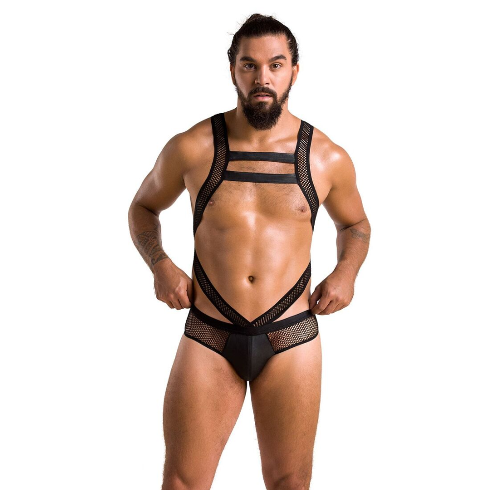 Мужское эротическое сетчатое боди Passion 045 VICTOR S/M Black, экокожа, сетка