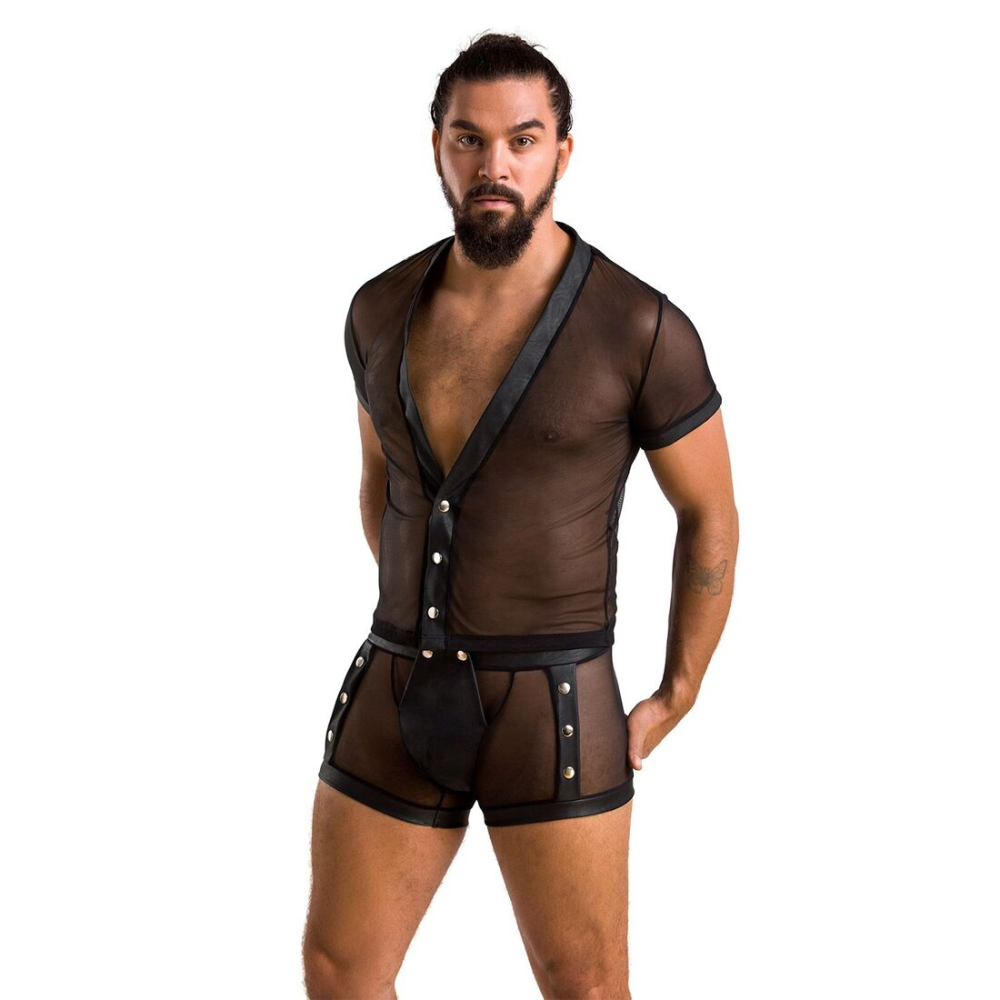 Комплект сетчатого мужского белья Passion 052 SET MICHAEL L/XL black, рубашка, боксеры, заклепки