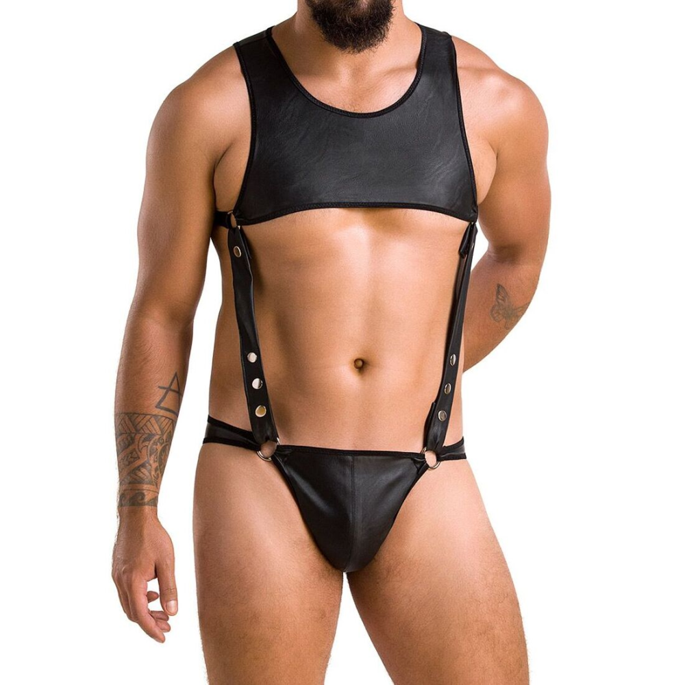 Мужское кожаное боди Passion 056 ADAM XXL/XXXL Black, заклепки