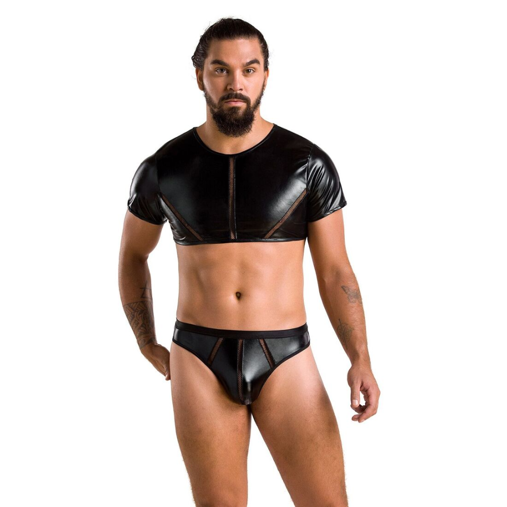 Комплект мужского белья под латекс Passion 057 SET PETER S/M Black, кроп-топ, стринги