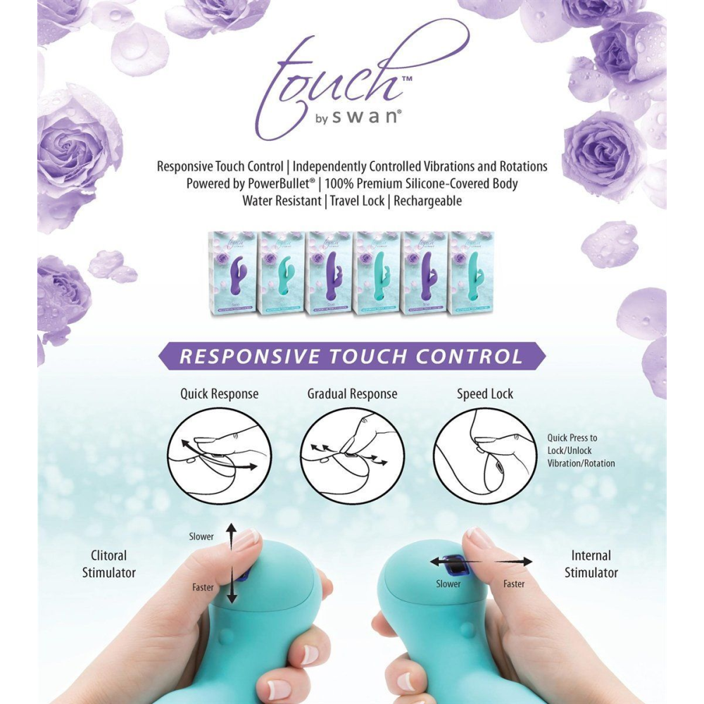 Вибратор-кролик с сенсорным управлением и ротацией Touch by SWAN - Duo Teal, глубокая вибрация