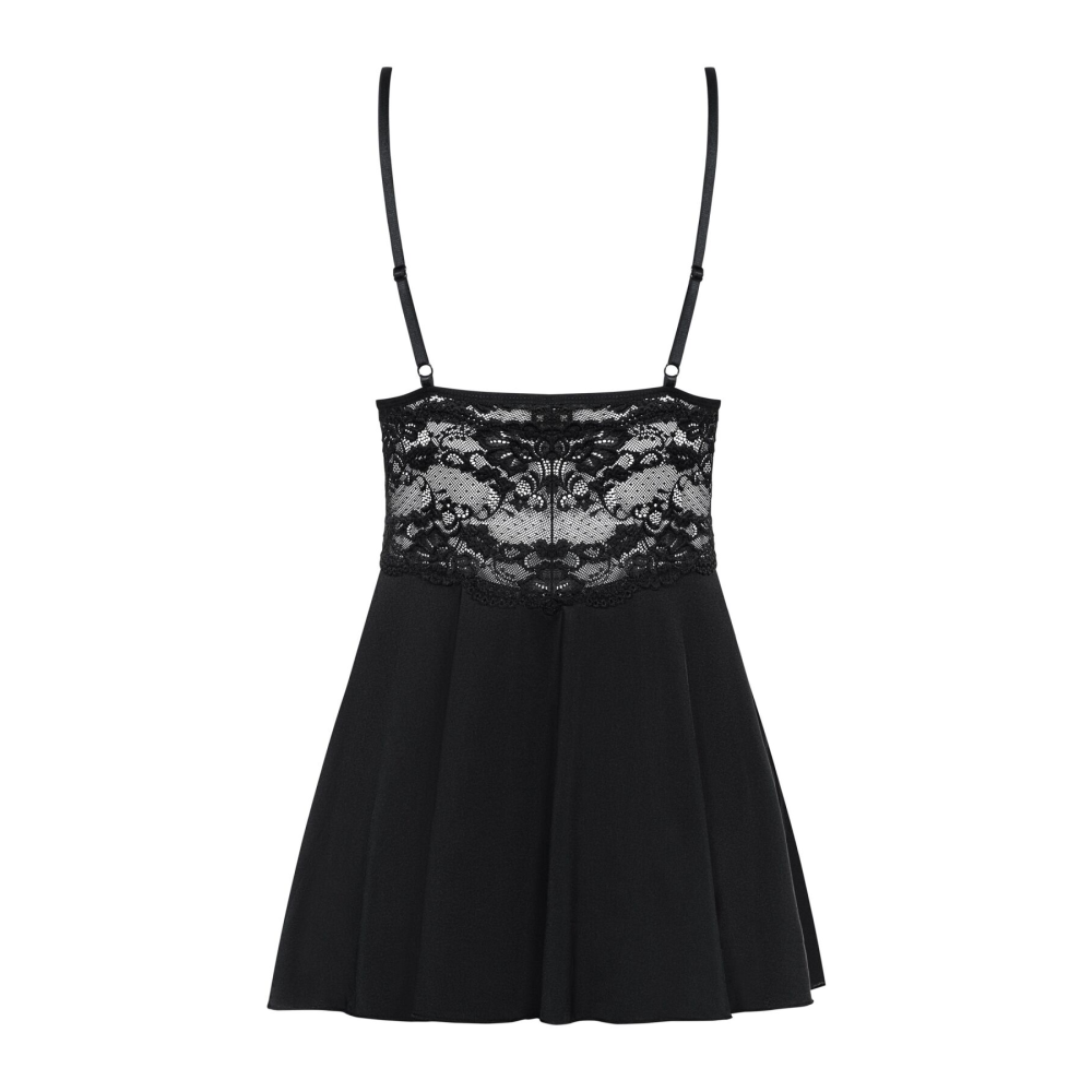 Сатиновый пеньюар с кружевом Obsessive 810-BAB-1 babydoll & thong L/XL, черный, пеньюар, танга