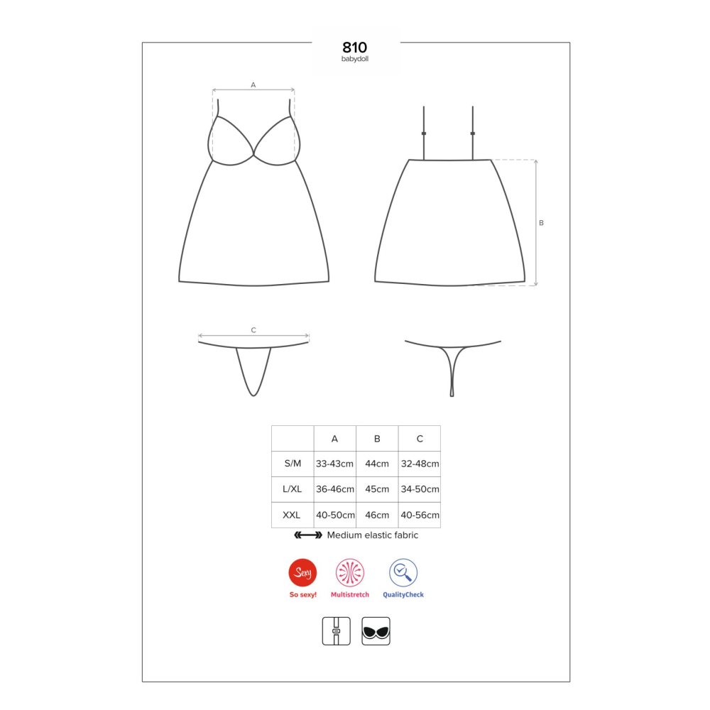 Сатиновый пеньюар с кружевом Obsessive 810-BAB-1 babydoll & thong L/XL, черный, пеньюар, танга