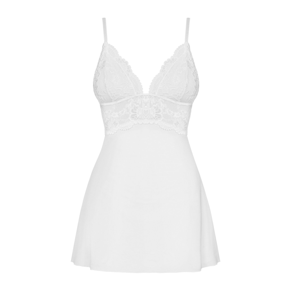 Сатиновый пеньюар с кружевом Obsessive 810-BAB-2 babydoll & thong S/M, белый, пеньюар, танга