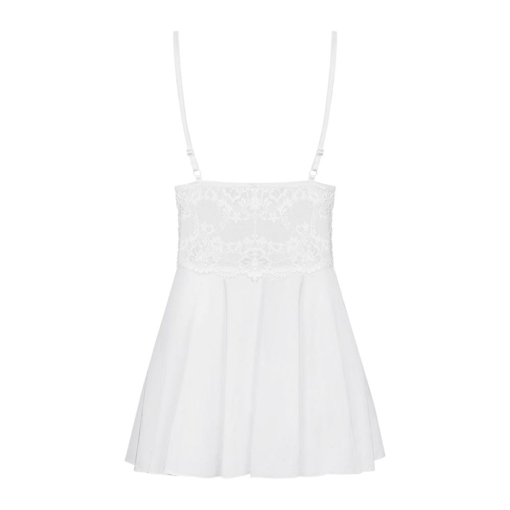 Сатиновый пеньюар с кружевом Obsessive 810-BAB-2 babydoll & thong S/M, белый, пеньюар, танга