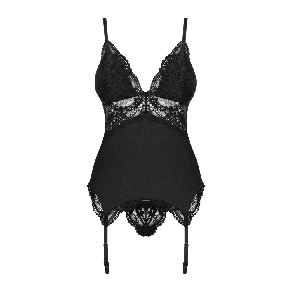 Сатиновый кружевной корсет Obsessive 810-COR-1 babydoll & thong L/XL, черный, корсет, танга