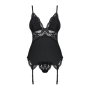 Сатиновый кружевной корсет Obsessive 810-COR-1 babydoll & thong L/XL, черный, корсет, танга