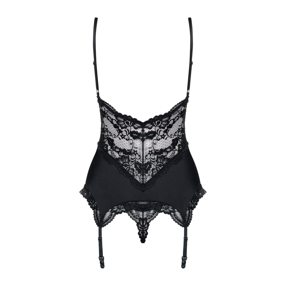 Сатиновый кружевной корсет Obsessive 810-COR-1 babydoll & thong L/XL, черный, корсет, танга