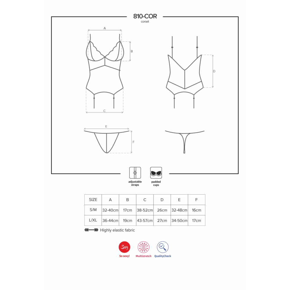 Сатиновый кружевной корсет Obsessive 810-COR-1 babydoll & thong L/XL, черный, корсет, танга