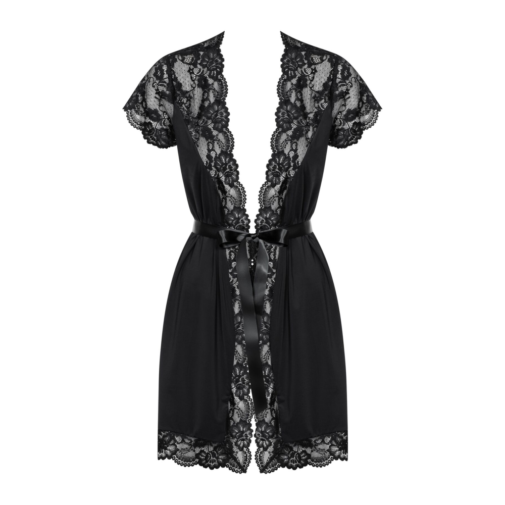Сатиновый открытый пеньюар на поясе Obsessive 810-PEI–1 peignoir black S/M, черный