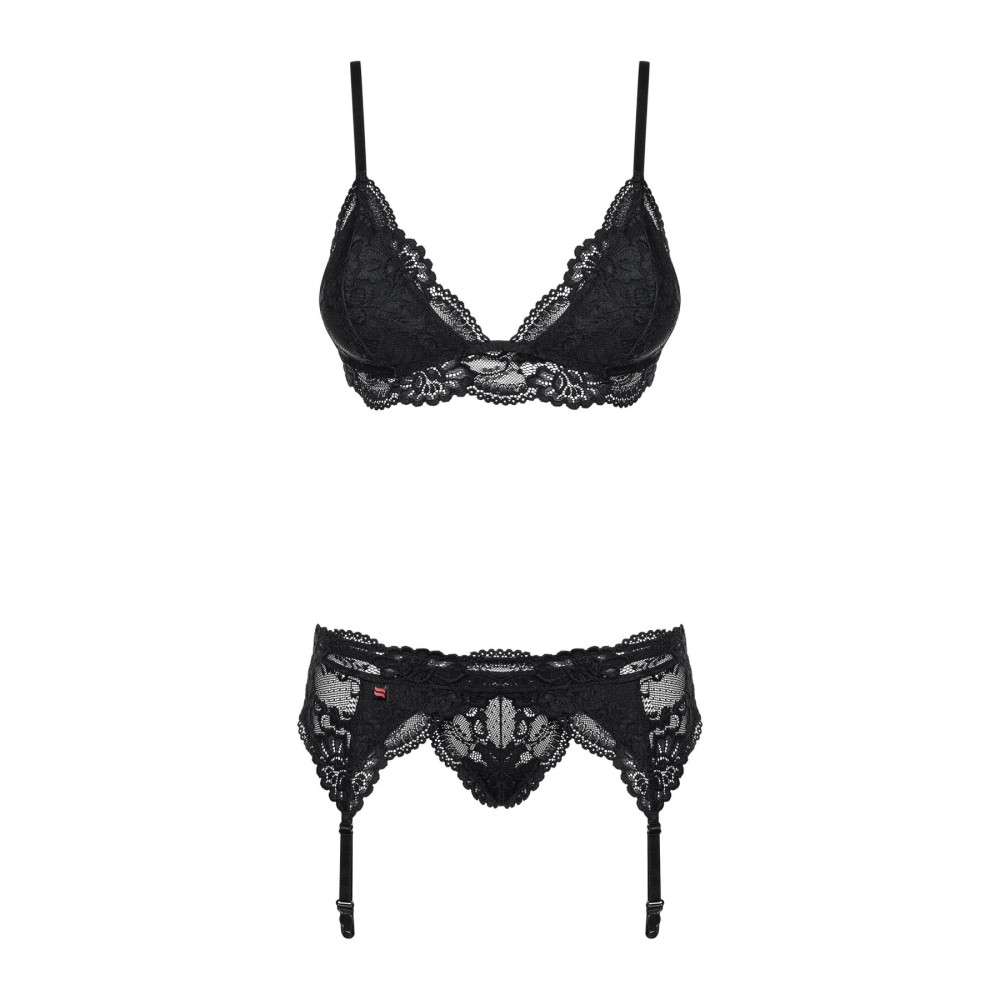 Кружевной комплект белья Obsessive 810-SEG-1 S/M Black, бюстгальтер, стринги, пояс для чулок