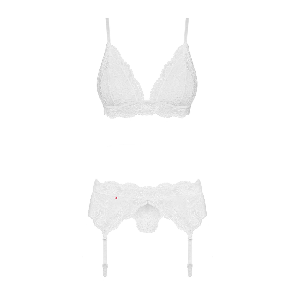 Кружевной комплект белья Obsessive 810-SEG-1 L/XL White, бюстгальтер, стринги, пояс для чулок