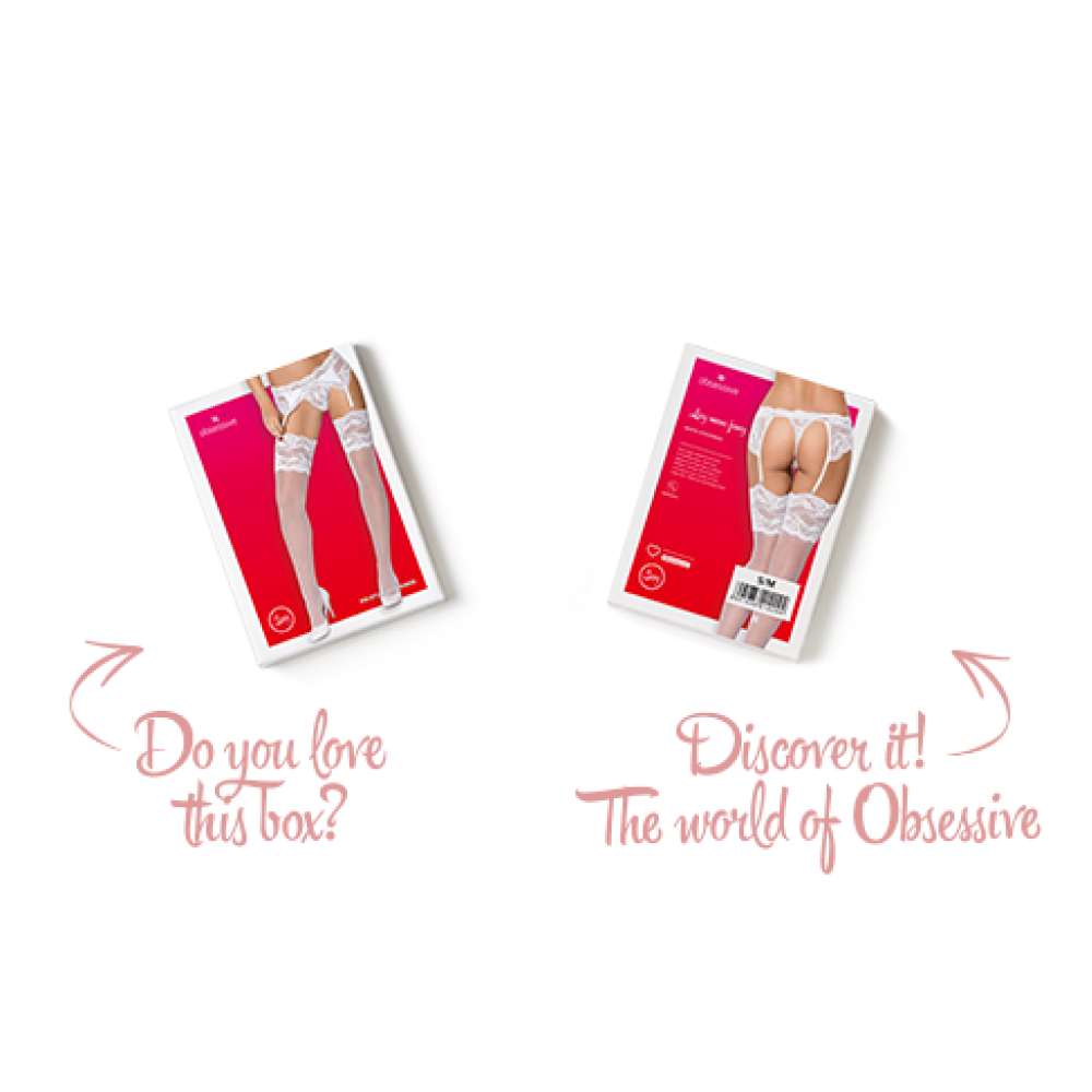Чулки под пояс с широким кружевом Obsessive 810-STO-2 stockings S/M, белые