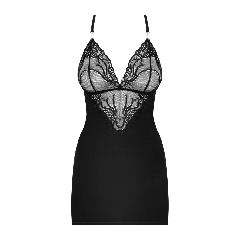 Сатиновый комплект для сна с кружевом Obsessive 828-CHE-1 chemise & thong L/XL, черный, сорочка