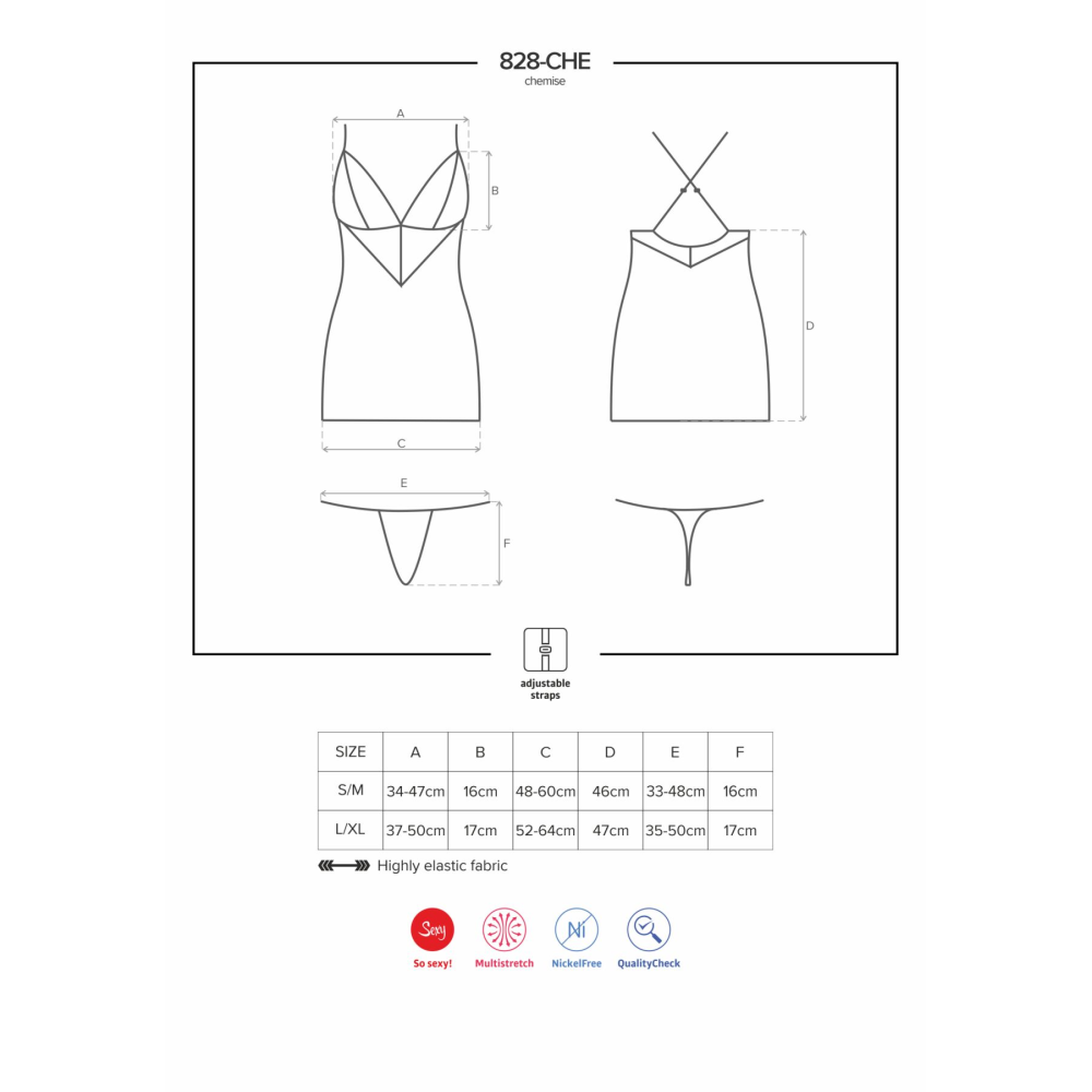 Сатиновый комплект для сна с кружевом Obsessive 828-CHE-1 chemise & thong L/XL, черный, сорочка