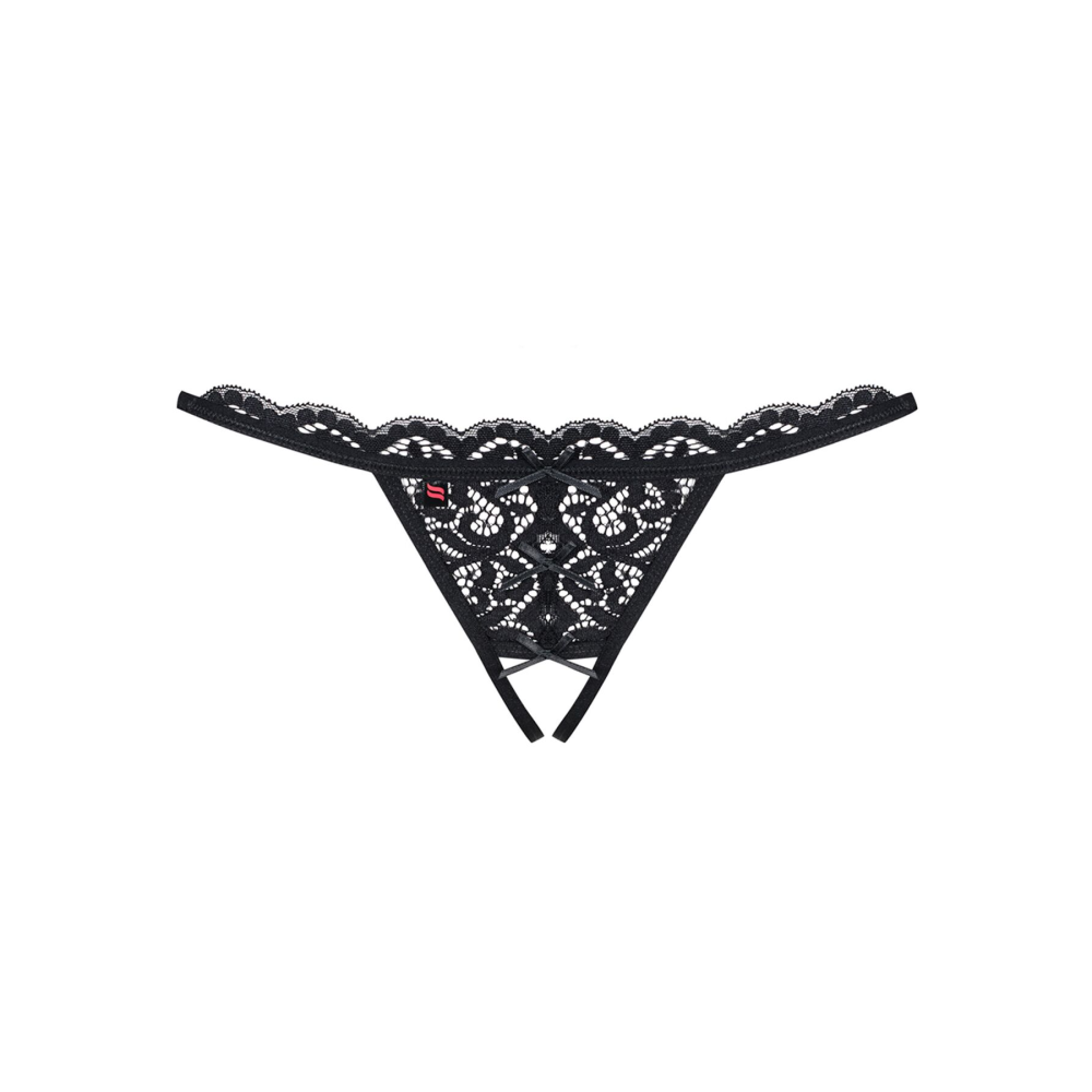 Кружевные танга с двумя отверстиями Obsessive 831-THC-1 crotchless thong L/XL, черные, бантики