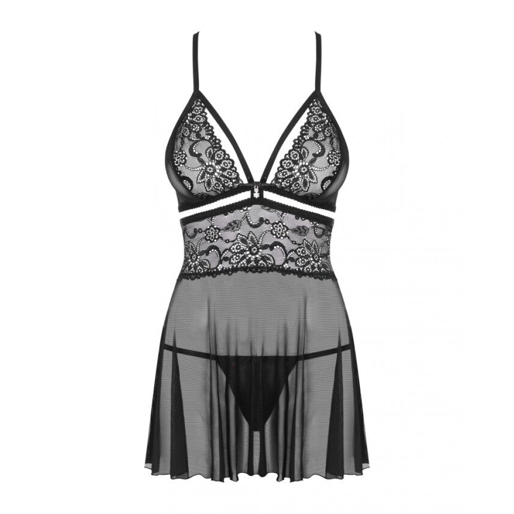 Эротический кружевной комплект с сеточкой Obsessive 838-BAB-1 babydoll & thong black S/M, черный, пе