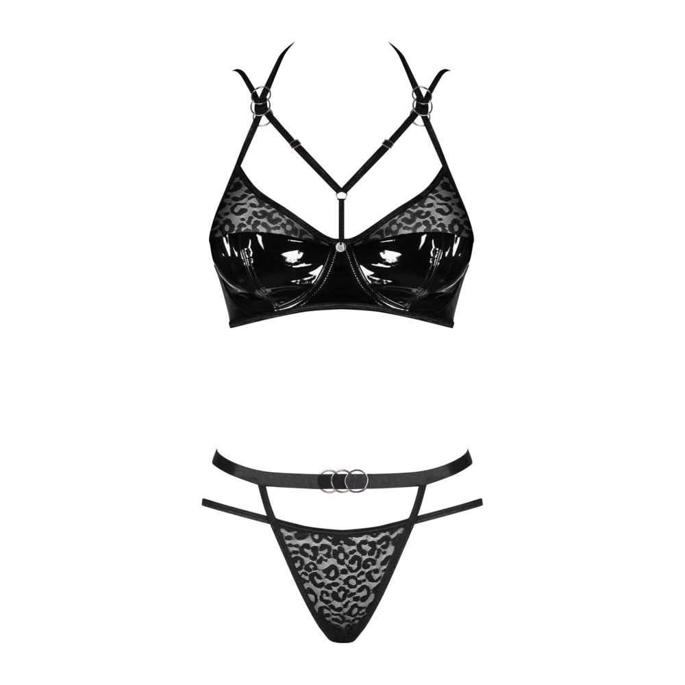 Эротический комплект под латекс со стрепами Obsessive Bagirela 2-pcs set S/M, черный, под леопард, б