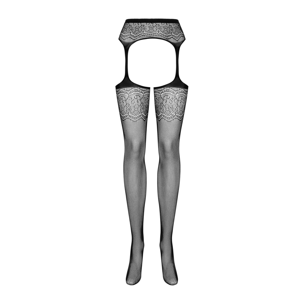 Сетчатые чулки-стокинги с цветочным рисунком Obsessive Garter stockings S207 XL/XXL, черные, имитаци