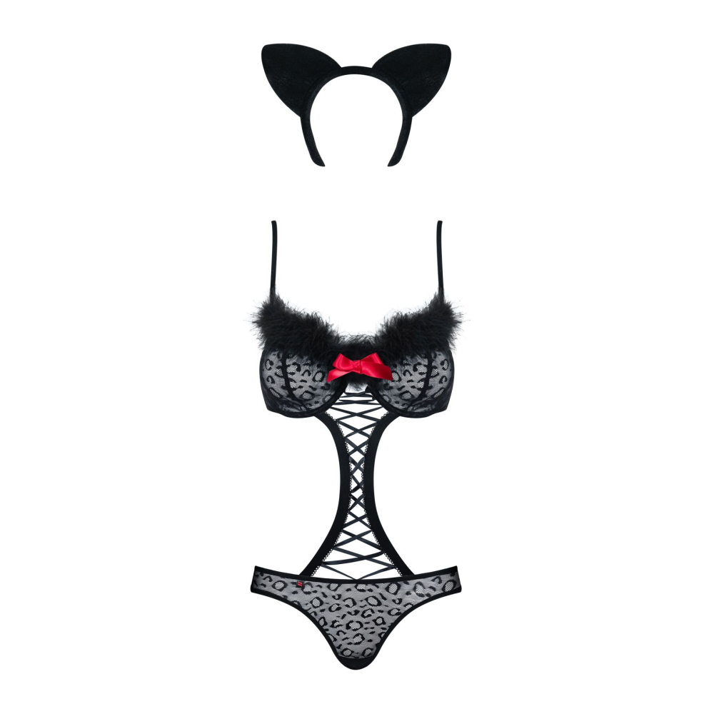 Эротический костюм гепарда Obsessive Gepardina 3 pcs costume L/XL, черный, меховая отделка, монокини