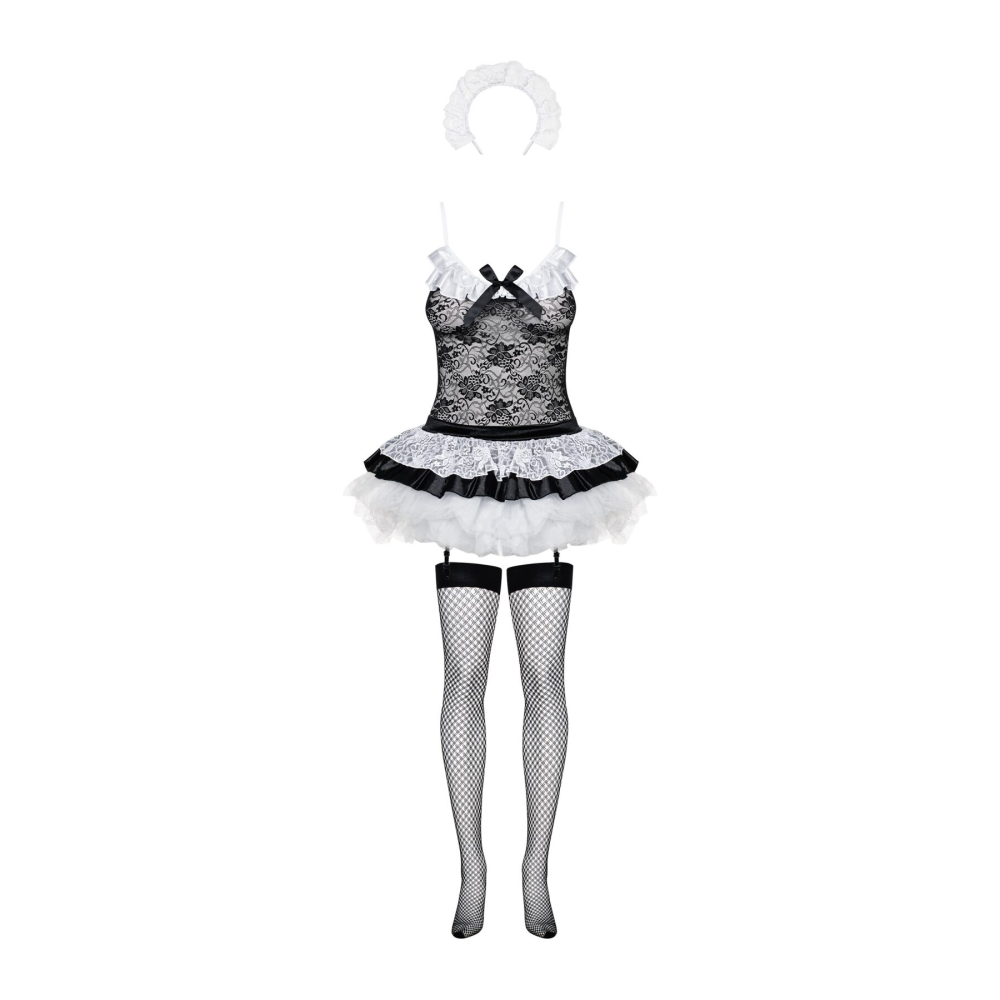 Эротический костюм горничной с юбкой Obsessive Housemaid 5 pcs costume L/XL, черно-белый, топ с подв
