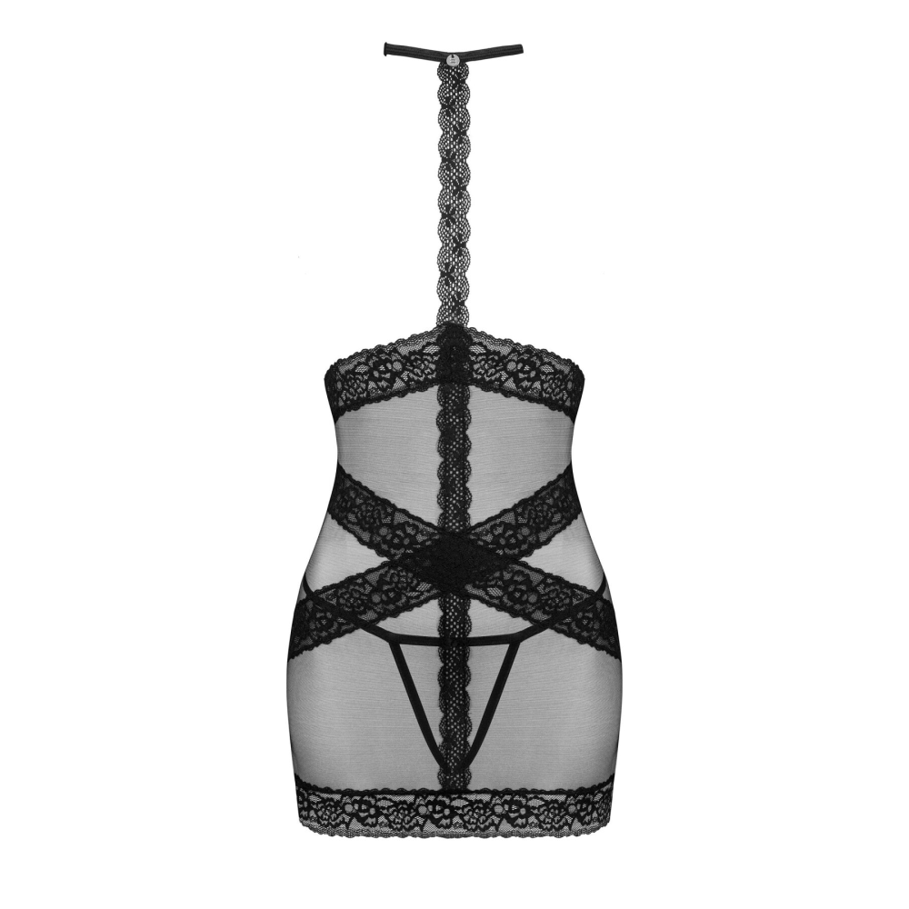 Полупрозрачная сорочка с открытой грудью Obsessive Lacrisia chemise XS/S, черная, с чокером