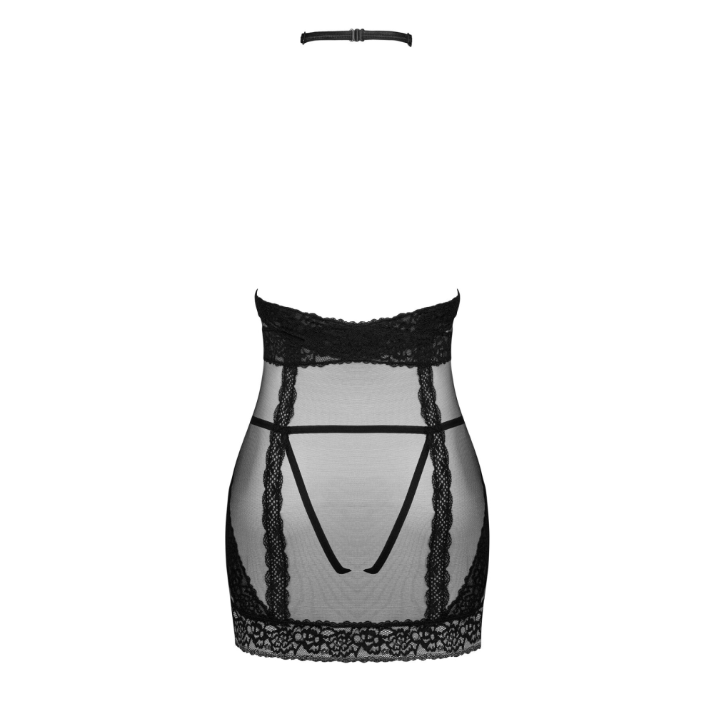 Полупрозрачная сорочка с открытой грудью Obsessive Lacrisia chemise XL/2XL, черная, с чокером