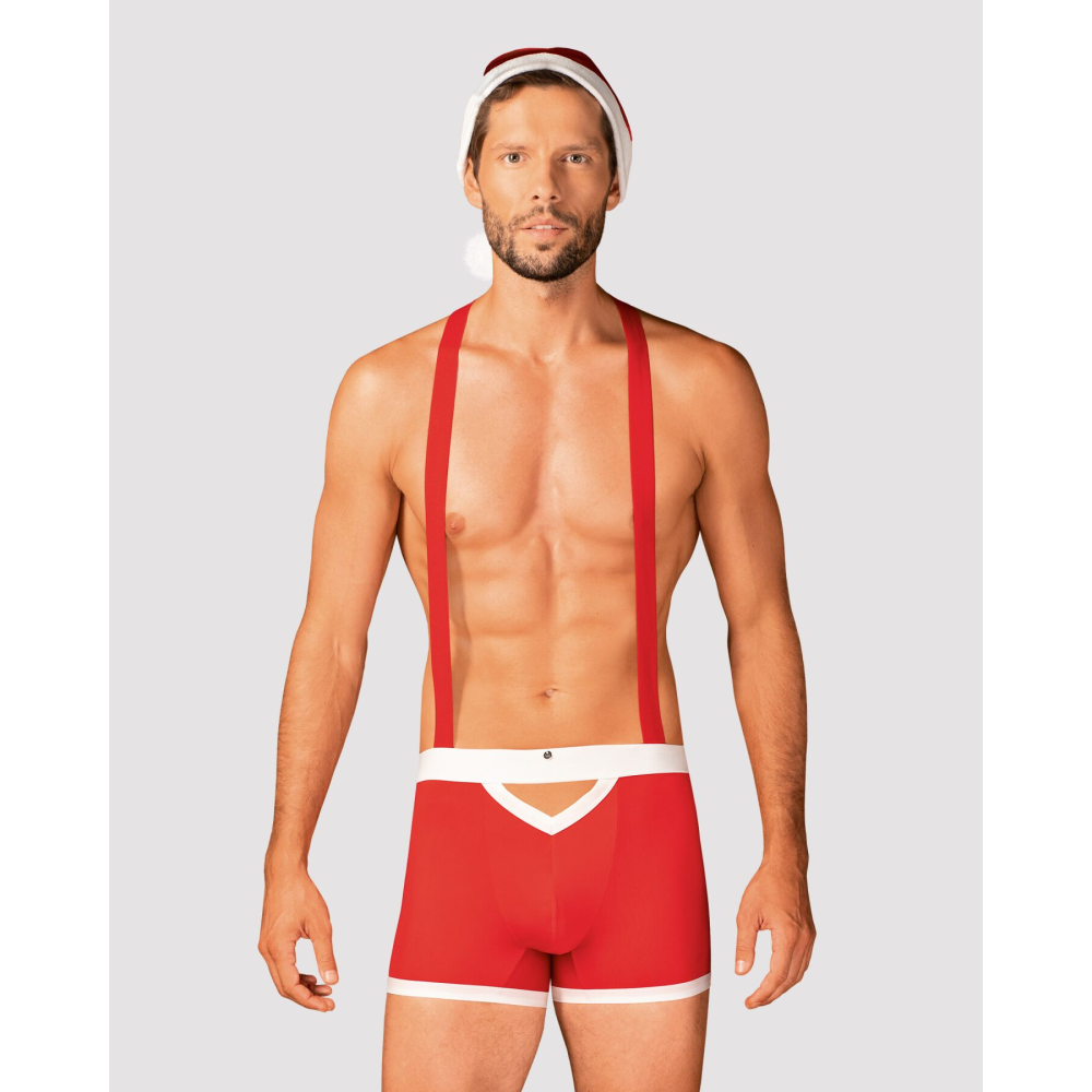 Мужской эротический костюм Санта-Клауса Obsessive Mr Claus 2XL/3XL, боксеры на подтяжках, шапочка с