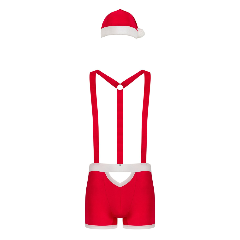 Мужской эротический костюм Санта-Клауса Obsessive Mr Claus 2XL/3XL, боксеры на подтяжках, шапочка с
