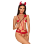 Эротический костюм чертика из стреп Obsessive Evilia teddy red S/M, боди, чокер, накладки на соски,