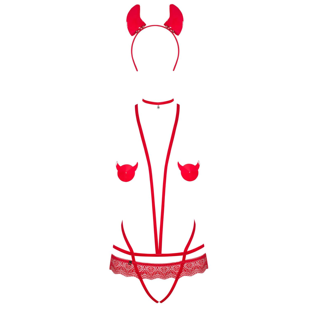 Эротический костюм чертика из стреп Obsessive Evilia teddy red S/M, боди, чокер, накладки на соски,