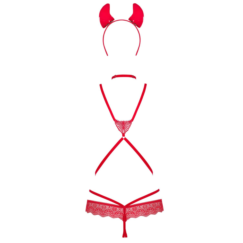 Эротический костюм чертика из стреп Obsessive Evilia teddy red S/M, боди, чокер, накладки на соски,