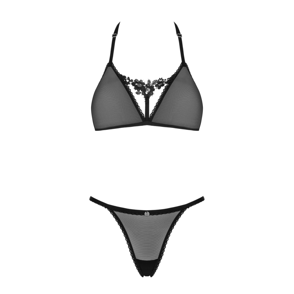 Полупрозрачный комплект Obsessive Celia Noir 2-pcs set M/L, бюстгальтер, стринги