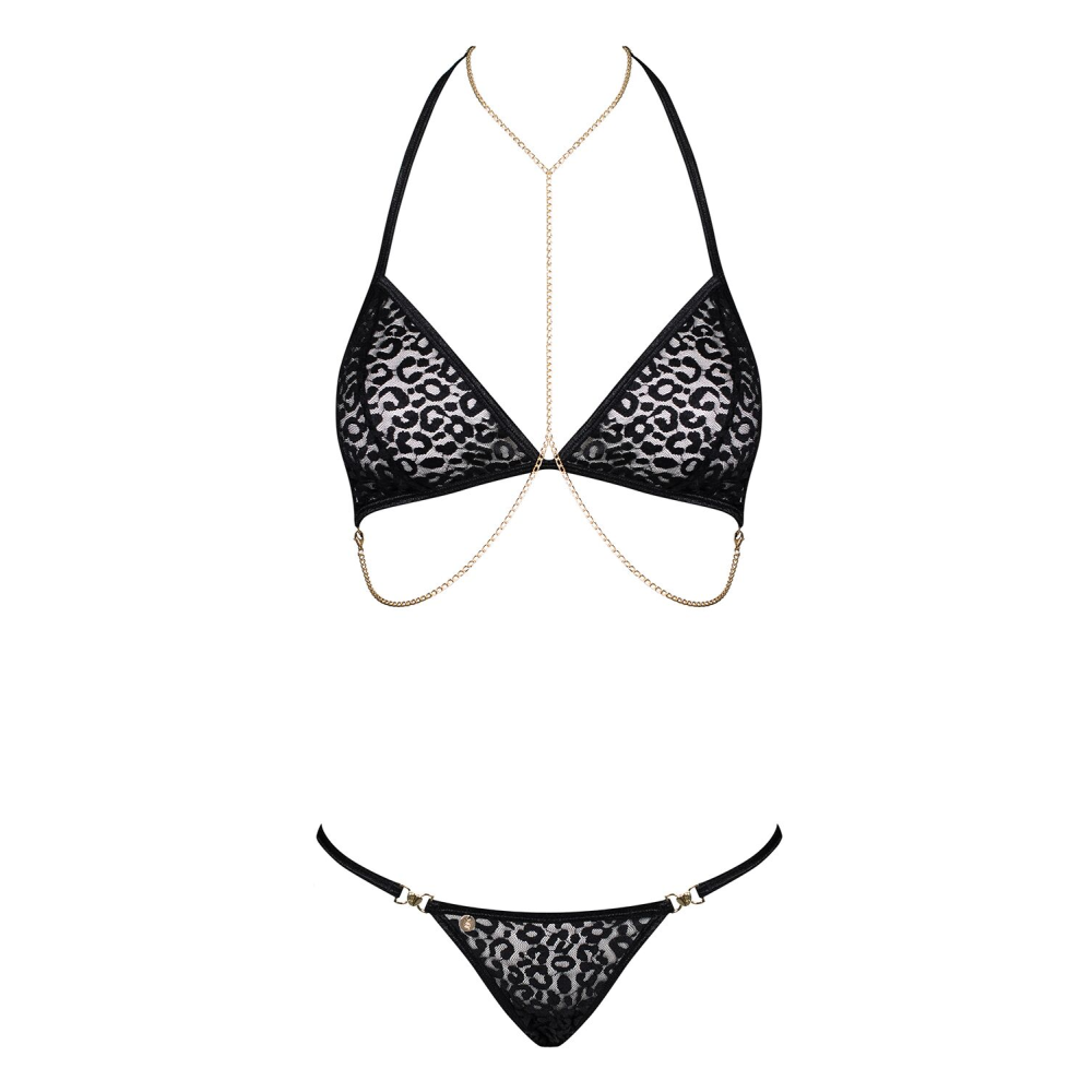 Комплект с цепочками Obsessive Pantheria 2-pcs set black S/M, бюстгальтер, трусики