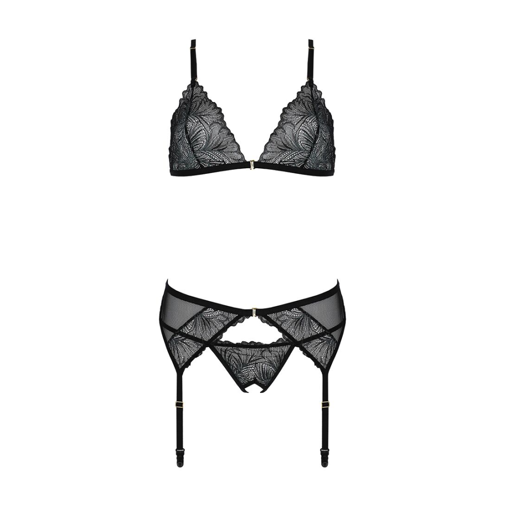 Комплект с открытым доступом Passion DELIENA SET L/XL black, лиф, стринги, пояс для чулок