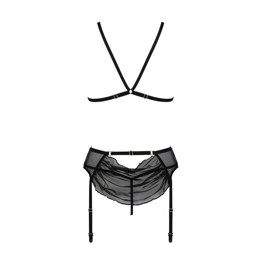 Комплект с открытым доступом Passion DELIENA SET L/XL black, лиф, стринги, пояс для чулок