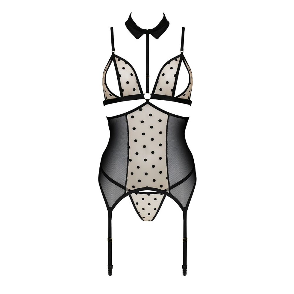 Корсет с открытой грудью Passion DOMINICA CORSET L/XL beige, пажи для чулок, стринги