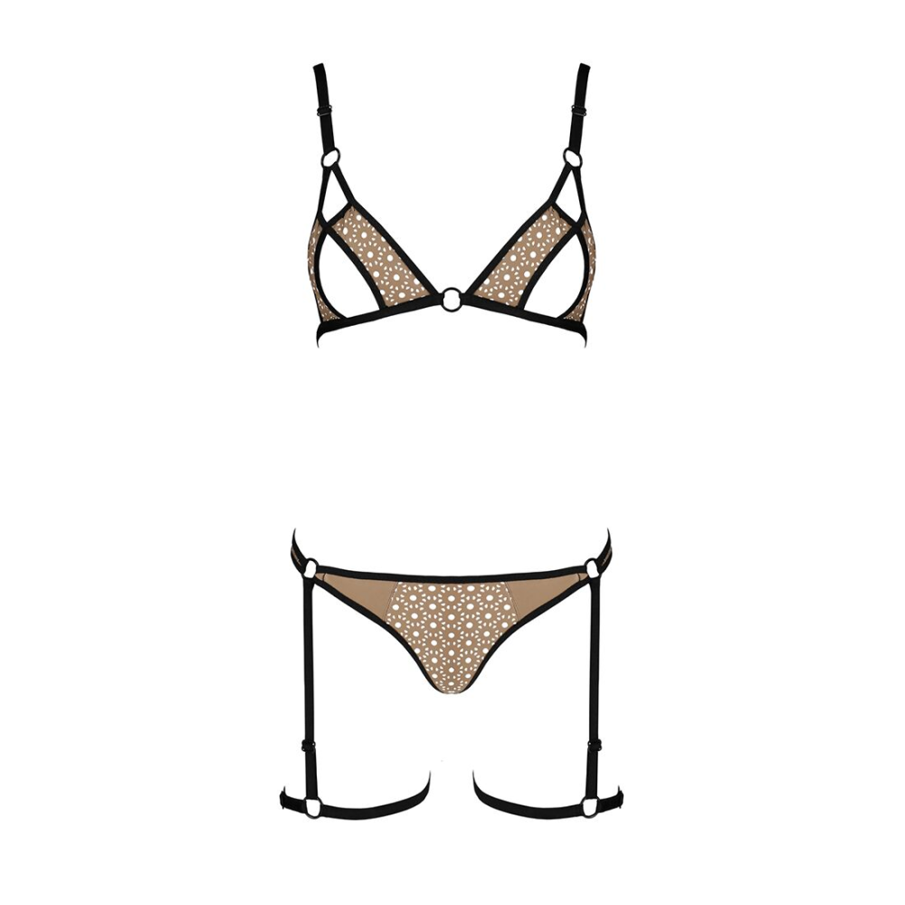 Эротический комплект нижнего белья Passion GABI SET S/M beige, трусики с гартерами