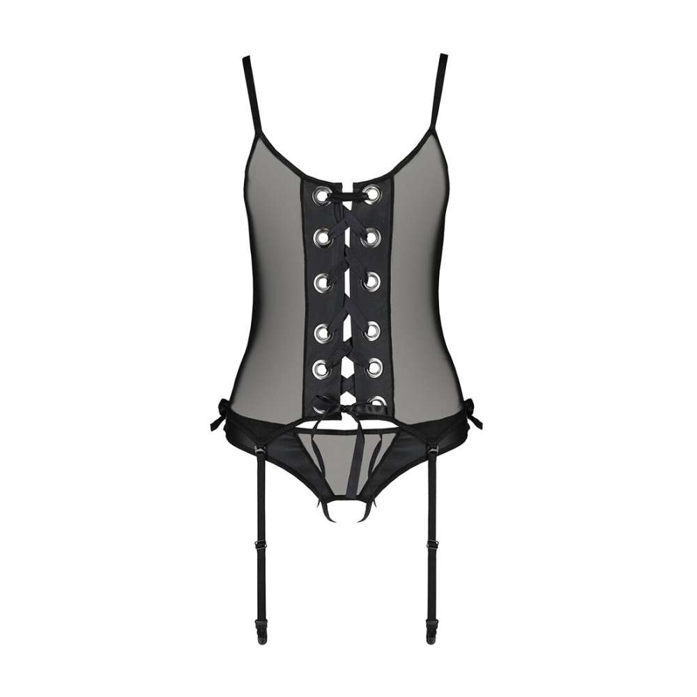 Корсет со шнуровкой Passion NESSY CORSET L/XL black, стринги с открытым доступом, пажи для чулок