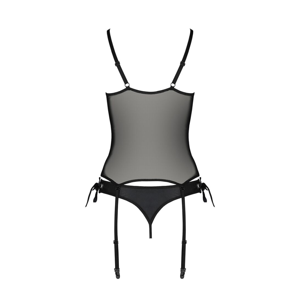 Корсет со шнуровкой Passion NESSY CORSET L/XL black, стринги с открытым доступом, пажи для чулок