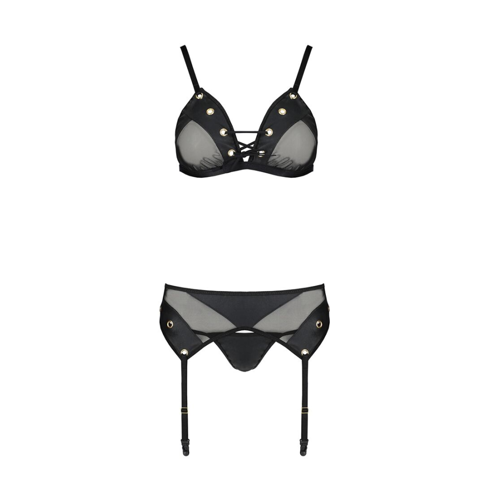 Комплект белья Passion NESSY SET XXL/XXXL black, бюстгальтер, пояс для чулок, стринги