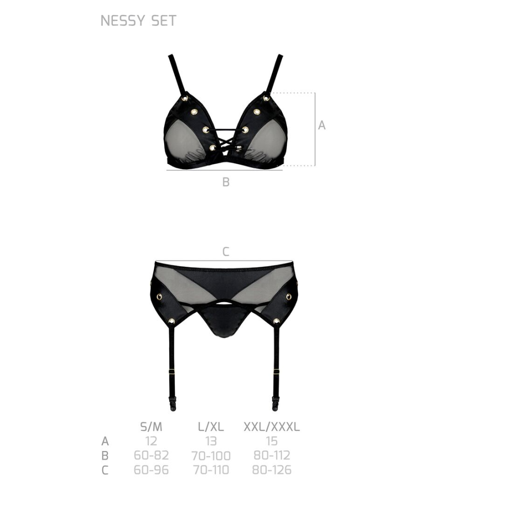 Комплект белья Passion NESSY SET XXL/XXXL black, бюстгальтер, пояс для чулок, стринги