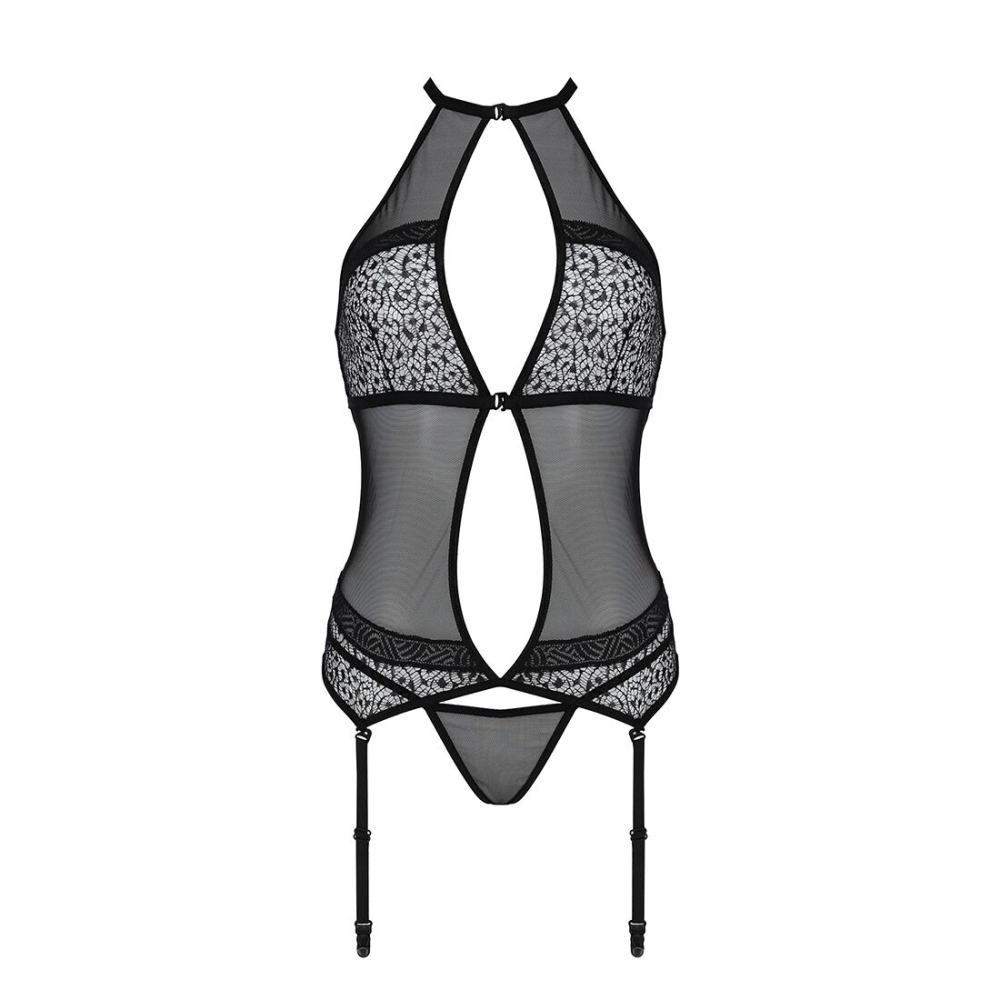 Корсет с пажами Passion SATARA CORSET XXL/XXXL black, стринги, кружево, застежки спереди и сзади