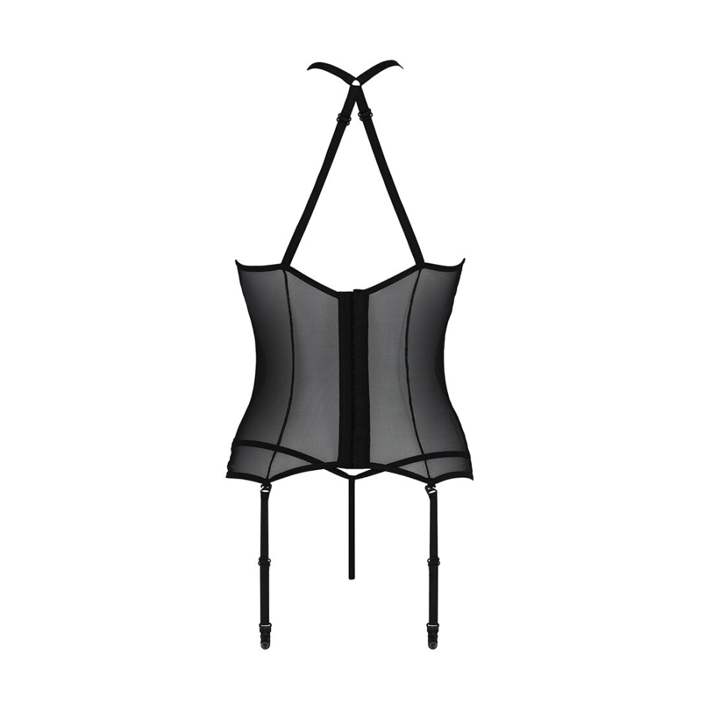 Корсет с пажами Passion SATARA CORSET XXL/XXXL black, стринги, кружево, застежки спереди и сзади