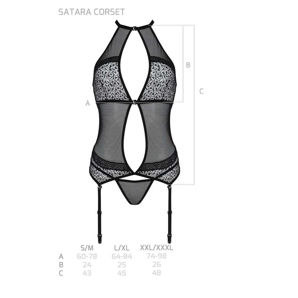 Корсет с пажами Passion SATARA CORSET XXL/XXXL black, стринги, кружево, застежки спереди и сзади