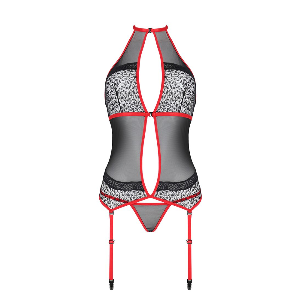 Корсет с пажами PassionSATARA CORSET L/XL red, стринги, кружево, застежки спереди и сзади