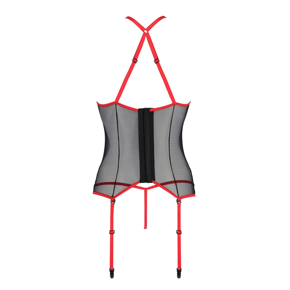 Корсет с пажами PassionSATARA CORSET L/XL red, стринги, кружево, застежки спереди и сзади