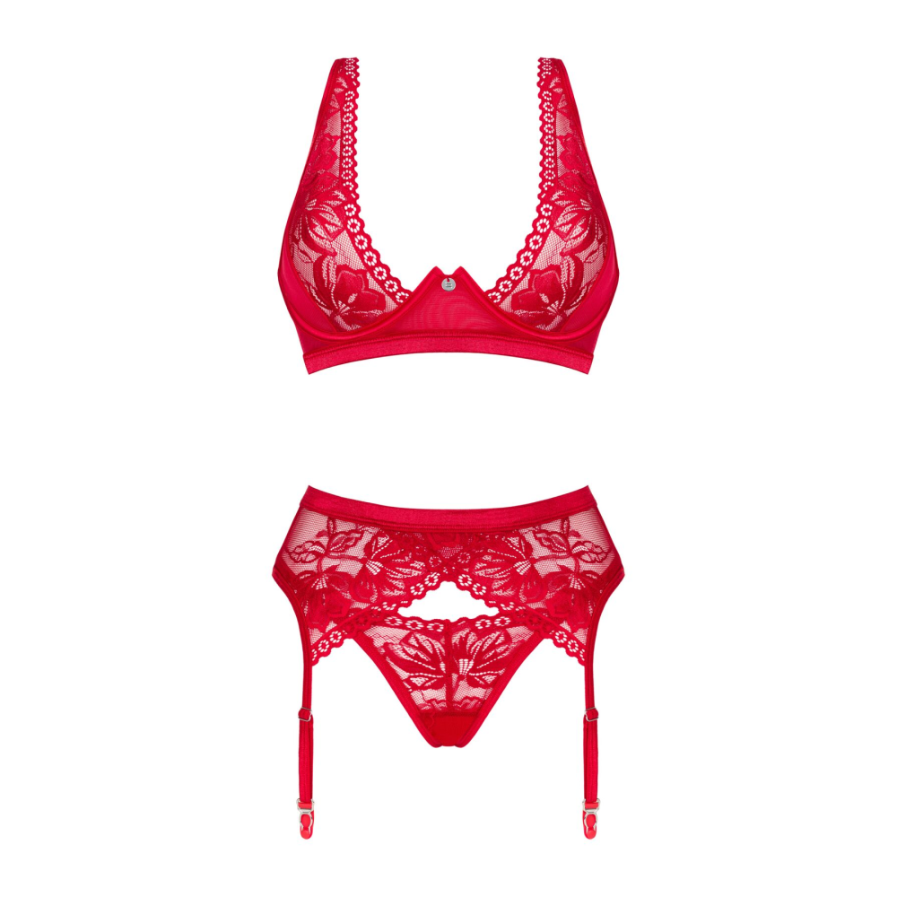 Комплект белья Obsessive Lacelove cupless 3pcs set XS/S Red, бюстгальтер, стринги, пояс для чулок