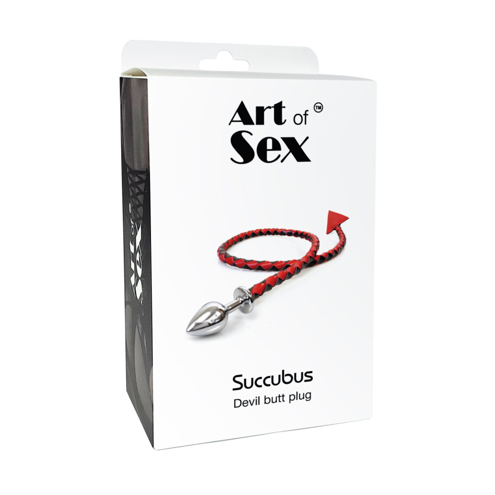 Металлическая анальная пробка M с дьявольским хвостом Art of Sex - Succubus, экокожа, черный/красный